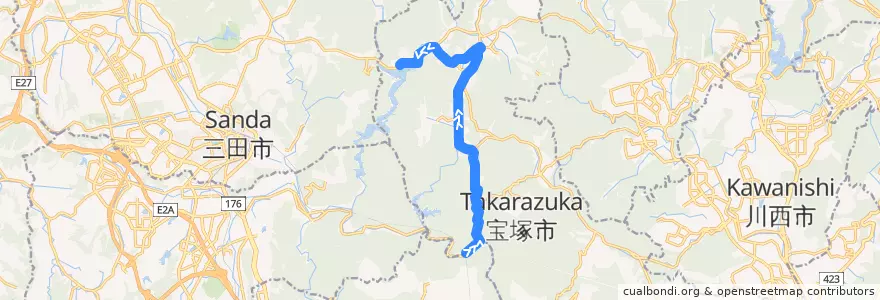 Mapa del recorrido 15: JR武田尾→波豆 de la línea  en 宝塚市.