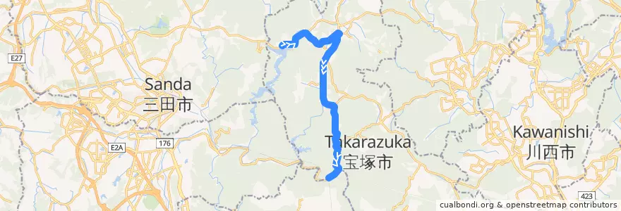 Mapa del recorrido 15: 波豆→JR武田尾 de la línea  en 宝塚市.