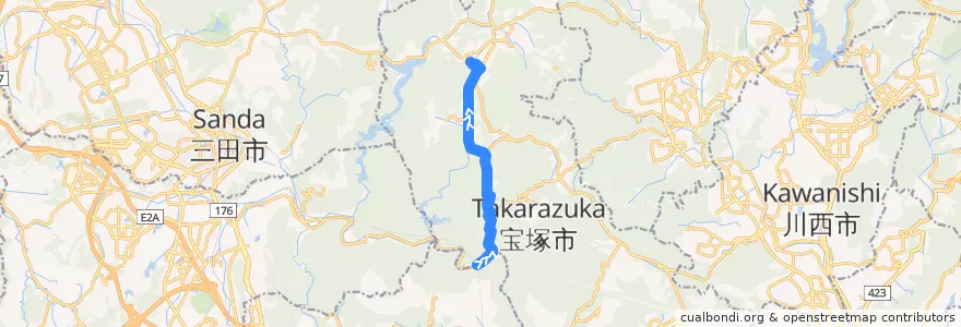 Mapa del recorrido 16: JR武田尾→阪急田園バス本社前 de la línea  en 宝塚市.