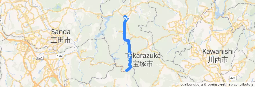 Mapa del recorrido 16: 阪急田園バス本社前→JR武田尾 de la línea  en 宝塚市.