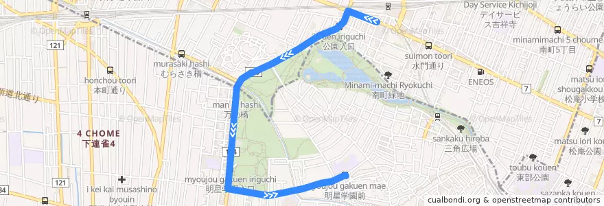 Mapa del recorrido 吉11 吉祥寺駅 -> 明星学園前 de la línea  en Tokyo.