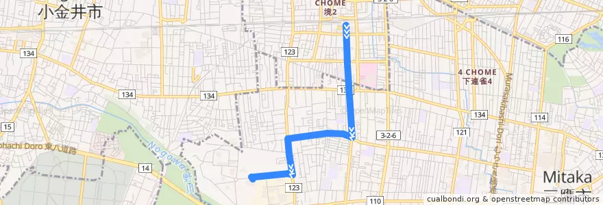 Mapa del recorrido Bus 境93 武蔵境駅->国際基督教大学 de la línea  en Mitaka.