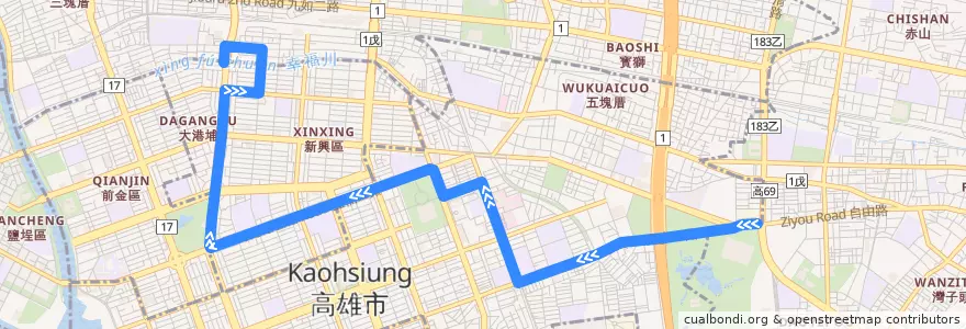 Mapa del recorrido 52B(往程) de la línea  en Kaohsiung.