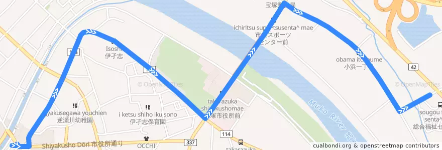 Mapa del recorrido 80: 阪急逆瀬川→総合福祉センター前 de la línea  en 宝塚市.