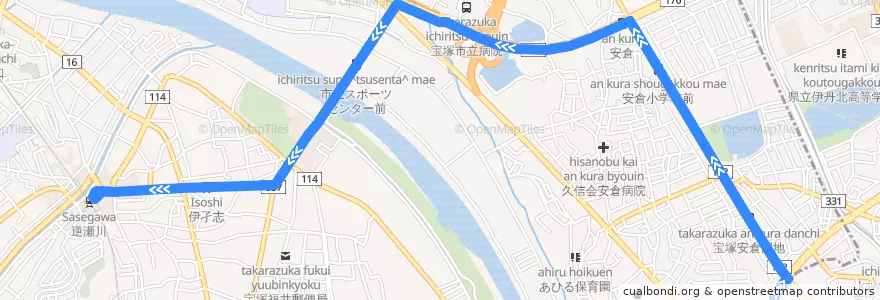Mapa del recorrido 82: 中野住宅前→阪急逆瀬川 de la línea  en Prefettura di Hyōgo.