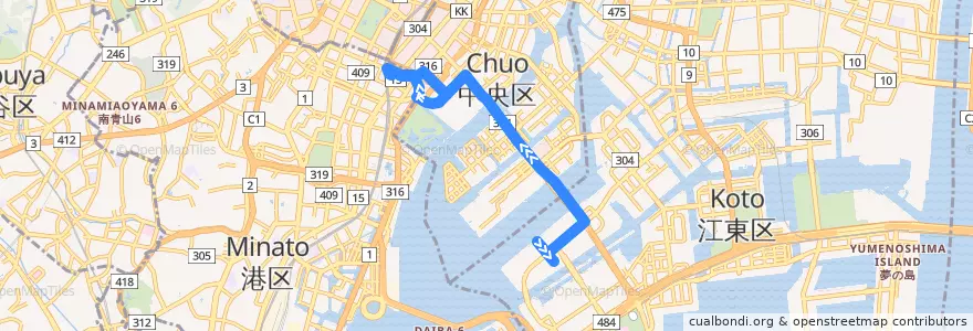 Mapa del recorrido 東京都交通局 市01 国立がん研究センター前 - 豊洲市場 de la línea  en Tokio.