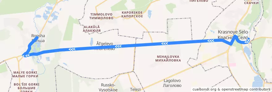 Mapa del recorrido Автобус № 443: ж/д станция Красное село => Ропша de la línea  en Ломоносовский район.