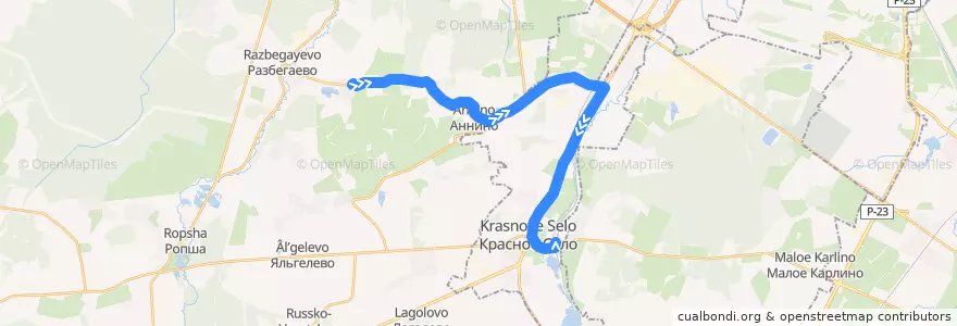 Mapa del recorrido Автобус № 458Б: Иннолово => ж/д станция Красное село de la línea  en Ленинградская область.