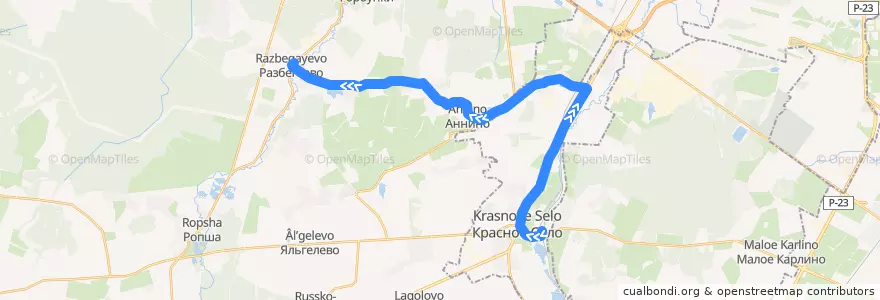Mapa del recorrido Автобус № 458: ж/д станция Красное село => Разбегаево de la línea  en Ленинградская область.