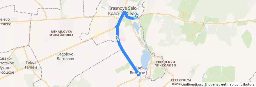 Mapa del recorrido Автобус № 477: ж/д станция Красное село => Виллози de la línea  en Красносельский район.