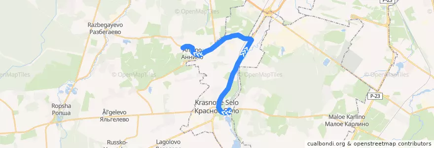 Mapa del recorrido Автобус № 442: ж/д станция Красное село => Аннино de la línea  en Красносельский район.