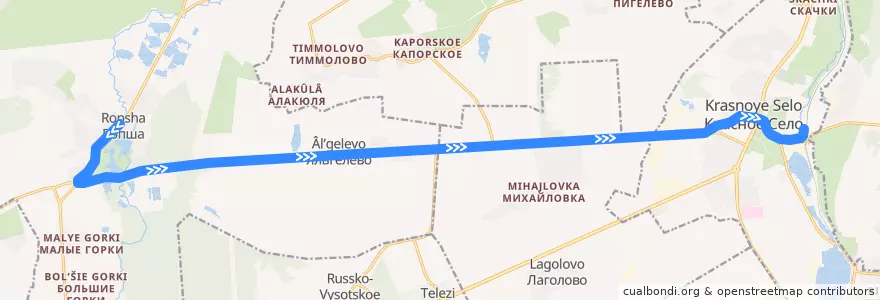 Mapa del recorrido Автобус № 443: Ропша => ж/д станция Красное село de la línea  en Ломоносовский район.