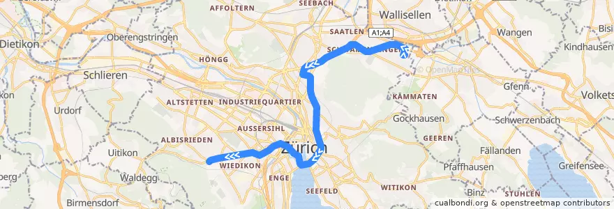 Mapa del recorrido Tram 9: Hirzenbach → Triemli de la línea  en Zürich.