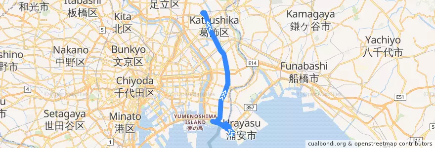 Mapa del recorrido シャトル☆セブン 東京ディズニーシー バス・ターミナル -> 亀有駅 de la línea  en اليابان.