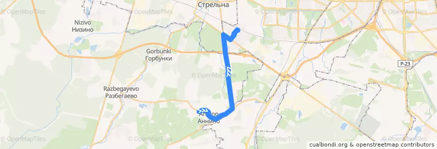 Mapa del recorrido Автобус № 461: Аннино => ж/д станция Сергиево de la línea  en Ленинградская область.