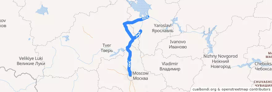 Mapa del recorrido Поезд 601Я: Рыбинск — Москва de la línea  en Центральный федеральный округ.