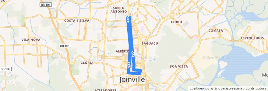 Mapa del recorrido Norte/Centro de la línea  en Joinville.