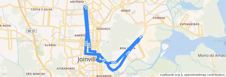 Mapa del recorrido Tupy/Norte de la línea  en Joinville.
