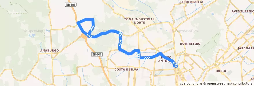 Mapa del recorrido Eixo Industrial de la línea  en Joinville.