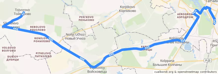 Mapa del recorrido Автобус № 522: Гатчина, Варшавский вокзал => Тойворово de la línea  en Гатчинский район.