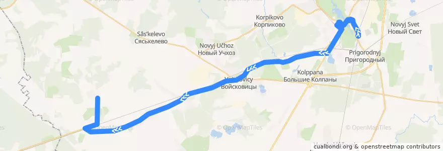 Mapa del recorrido Автобус № 523А: Гатчина, Варшавский вокзал => Елизаветино, Жилпосёлок de la línea  en Гатчинский район.