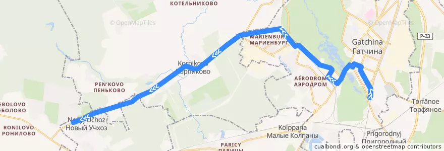 Mapa del recorrido Автобус № 525: Гатчина, Варшавский вокзал => Новый Учхоз de la línea  en Гатчинский район.