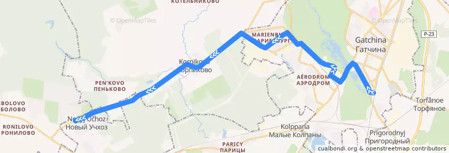 Mapa del recorrido Автобус № 525: Новый Учхоз => Гатчина, Варшавский вокзал de la línea  en Гатчинский район.
