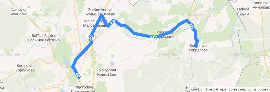 Mapa del recorrido Автобус № 527: Гатчина, Варшавский вокзал => Кобралово de la línea  en Гатчинский район.