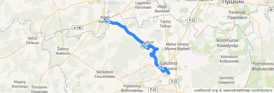 Mapa del recorrido Автобус № 533: Кипень => Гатчина, Варшавский вокзал de la línea  en Rajon Gattschina.