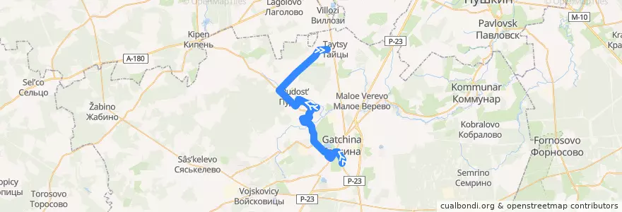 Mapa del recorrido Автобус № 537: Гатчина, Варшавский вокзал => Тайцы de la línea  en Гатчинский район.
