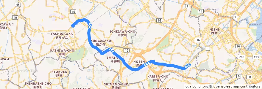 Mapa del recorrido 旭4 保土ヶ谷駅東口→二俣川駅北口 de la línea  en Yokohama.