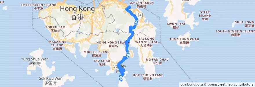 Mapa del recorrido 新巴14線 NWFB 14 (赤柱炮台 Stanley Fort → 嘉亨灣 Grand Promenade (經監獄 via Prison)) de la línea  en Hongkong.