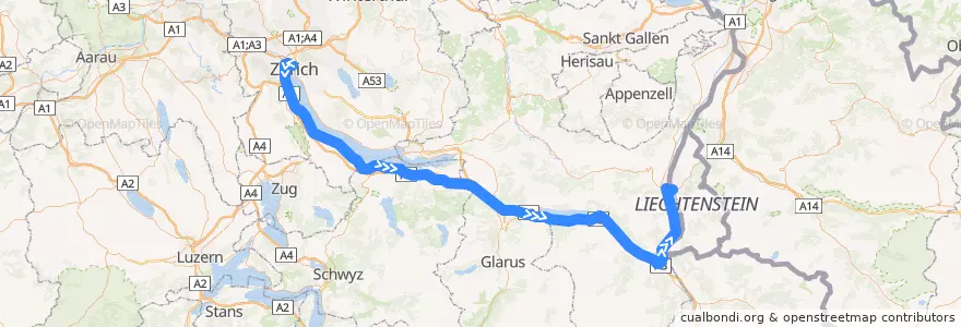 Mapa del recorrido railjet Zürich – Wien de la línea  en Schweiz/Suisse/Svizzera/Svizra.