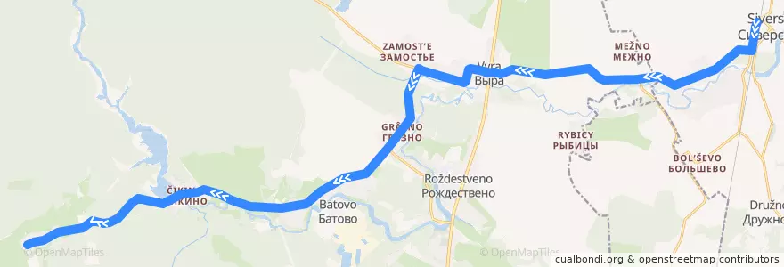 Mapa del recorrido Автобус № 502: Сиверский => Ляды de la línea  en Рождественское сельское поселение.