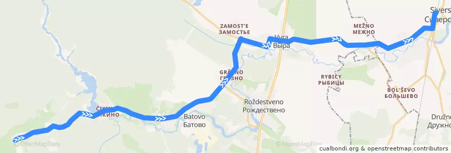 Mapa del recorrido Автобус № 502: Ляды => Сиверский de la línea  en Рождественское сельское поселение.
