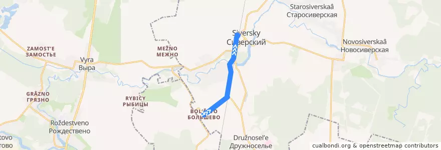 Mapa del recorrido Автобус № 507А: Большево => Сиверский de la línea  en Сиверское городское поселение.