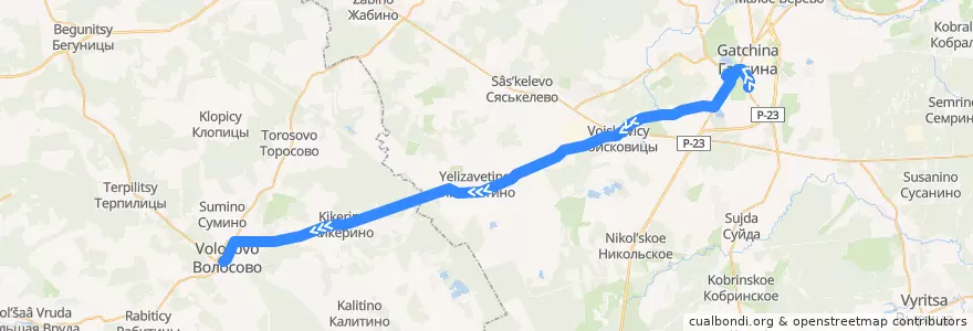 Mapa del recorrido Автобус № 524: Гатчина, Варшавский вокзал => Волосово de la línea  en Oblast Leningrad.