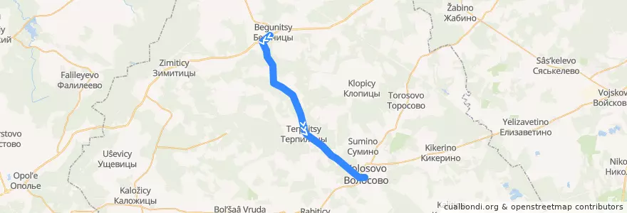 Mapa del recorrido Автобус № 33А: Бегуницы => Волосово de la línea  en Волосовский район.