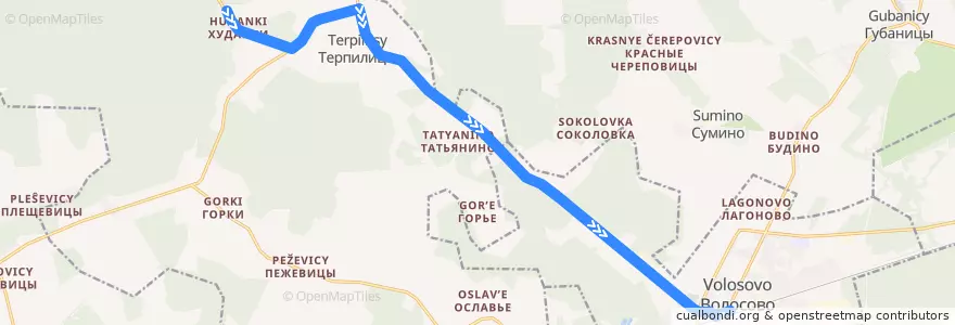 Mapa del recorrido Автобус № 33Б: Худанки => Волосово de la línea  en Волосовский район.