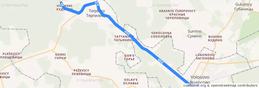 Mapa del recorrido Автобус № 33Б: Волосово => Худанки de la línea  en Волосовский район.