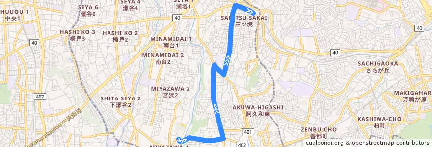 Mapa del recorrido 神奈中バス 境11系統(宮沢→三ツ境駅) de la línea  en Yokohama.