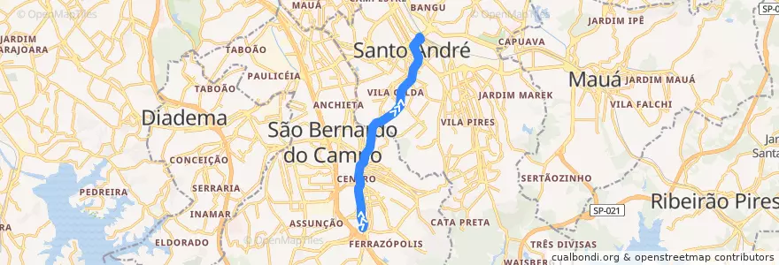 Mapa del recorrido Ferrazópolis - Santo André Oeste de la línea  en Região Metropolitana de São Paulo.