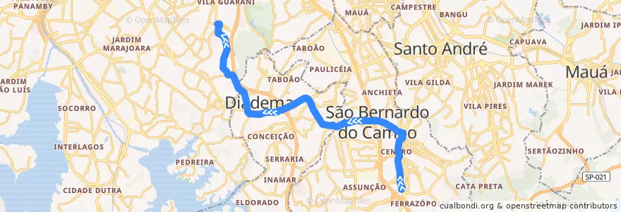 Mapa del recorrido Ferrazópolis - Jabaquara de la línea  en Região Metropolitana de São Paulo.