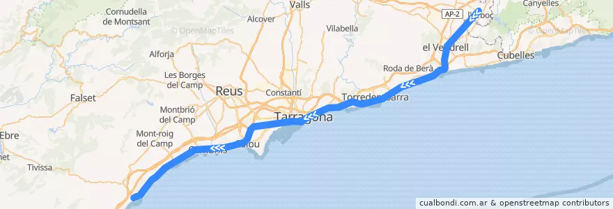 Mapa del recorrido RT2: L'Arboç - L'Hospitalet de l'Infant de la línea  en Tarragona.