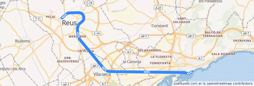 Mapa del recorrido RT1: Tarragona - Reus de la línea  en Tarragona.