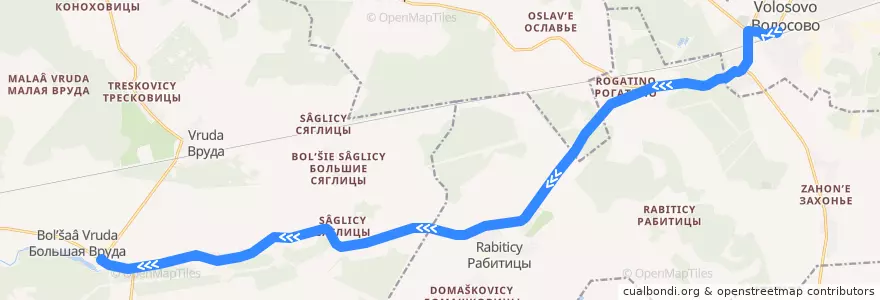Mapa del recorrido Автобус № 44А: Волосово => Большая Вруда de la línea  en Волосовский район.