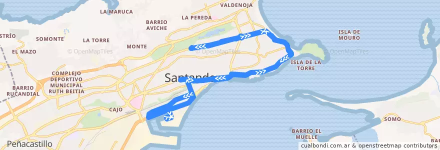 Mapa del recorrido 4: Barrio Pesquero - Universidad de Cantabria de la línea  en Santander.