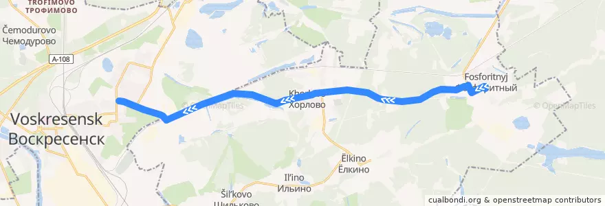 Mapa del recorrido Автобус: № 358 «микрорайон Фосфоритный - Москва (автостанция «Выхино»)» de la línea  en городской округ Воскресенск.