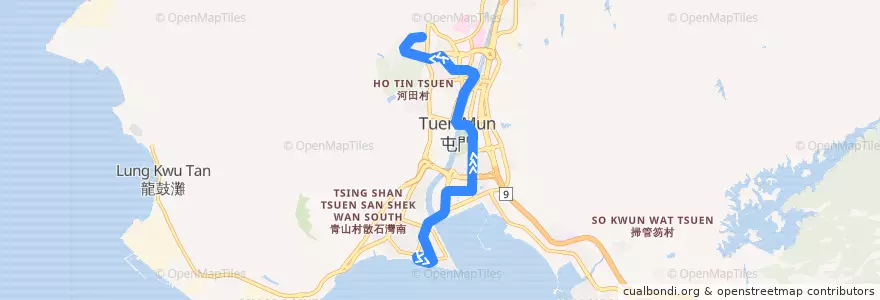 Mapa del recorrido 輕鐵507綫 Light Rail 507 (屯門碼頭 Tuen Mun Ferry Pier → 田景 Tin King) de la línea  en 屯門區 Tuen Mun District.