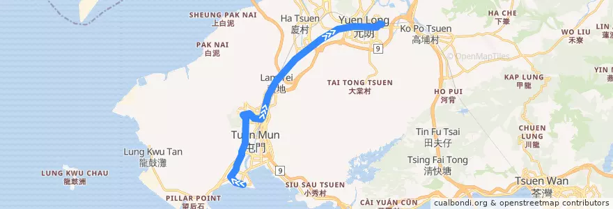 Mapa del recorrido 輕鐵610綫 Light Rail 610 (屯門碼頭 Tuen Mun Ferry Pier → 元朗 Yuen Long) de la línea  en Novos Territórios.